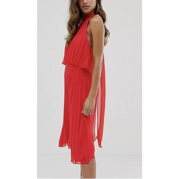 ASOS Design Burgundy Halter Tie Neck Above Knee Pleated Dress Size 8 Medium - Picture 4 of 13